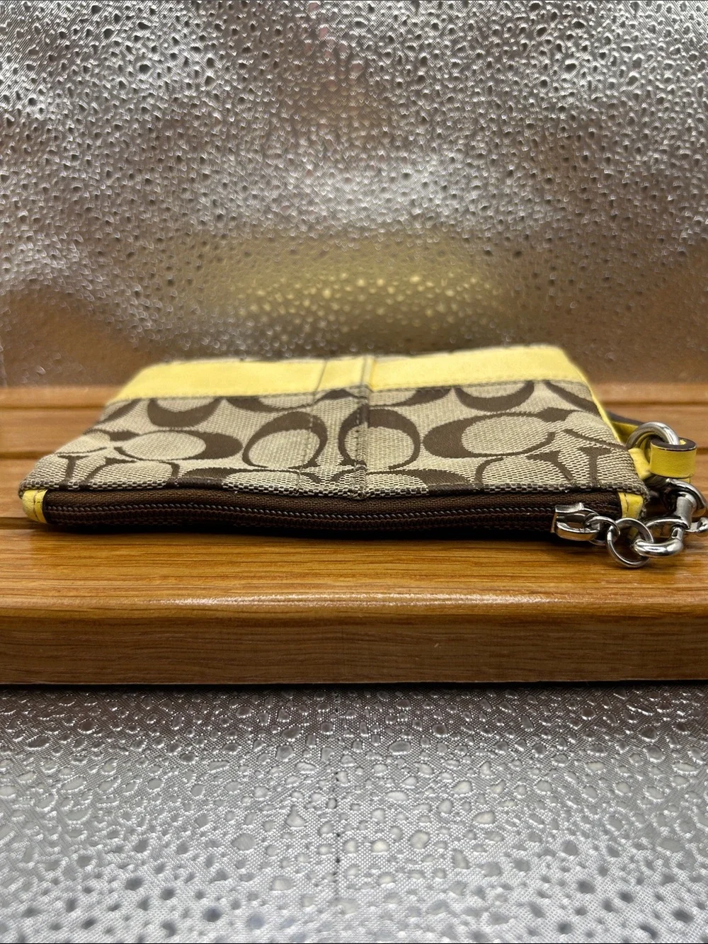 COACH 40028 Legacy Stripe Yellow Brown Monogram Zip Leather Wristlet Tag 6” X 4”